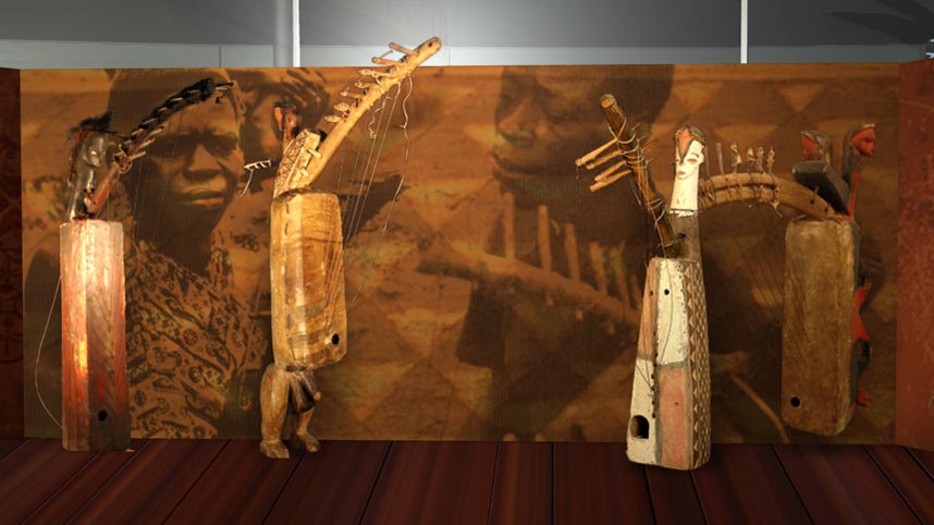 Screenshot from gabonart.com: the harp display in the Rites room, showing the ngombi harp