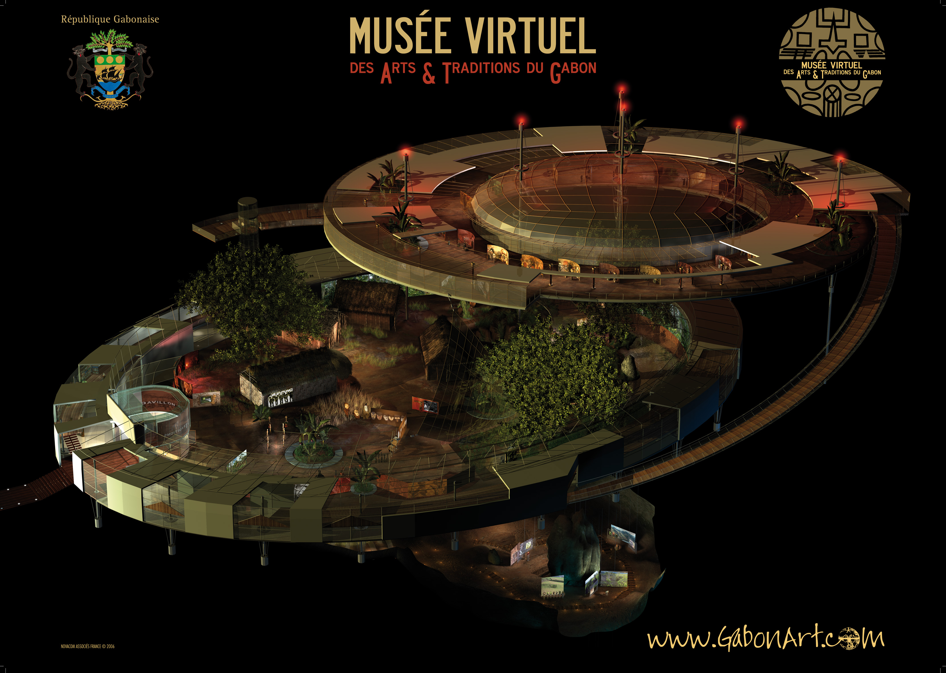 Screenshot from gabonart.com: the floor plan of the virtual museum showing its five thematic rooms