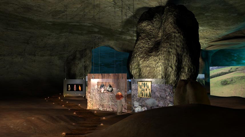 Screenshot from gabonart.com: arrival in the Archaeology room, a cave lit from the floor