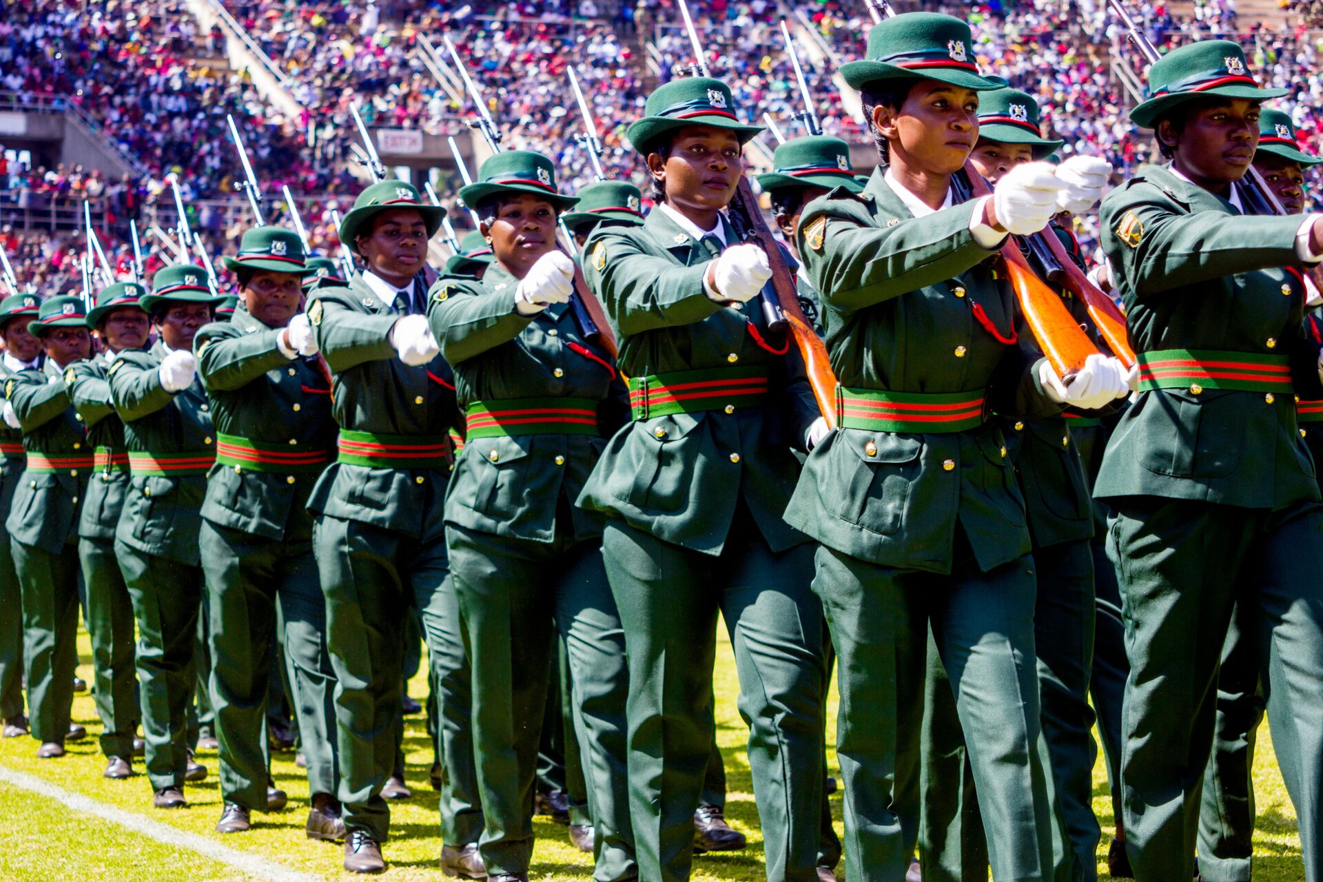 Zimbabwe, women soldiers at a military parade, Harare, sports stadium